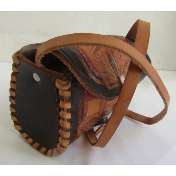 Western Crossbody Mini Brown Tooled Leather Purse with Miniature Hat - Picture 4 of 7
